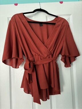 SHEIN Rust Wrap Blouse with Tie